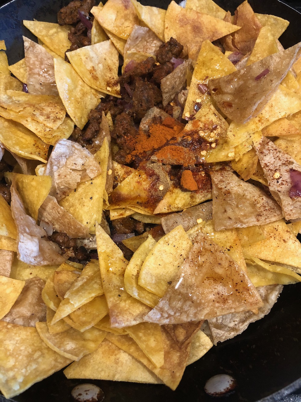 Adding the spices and vegan chorizo