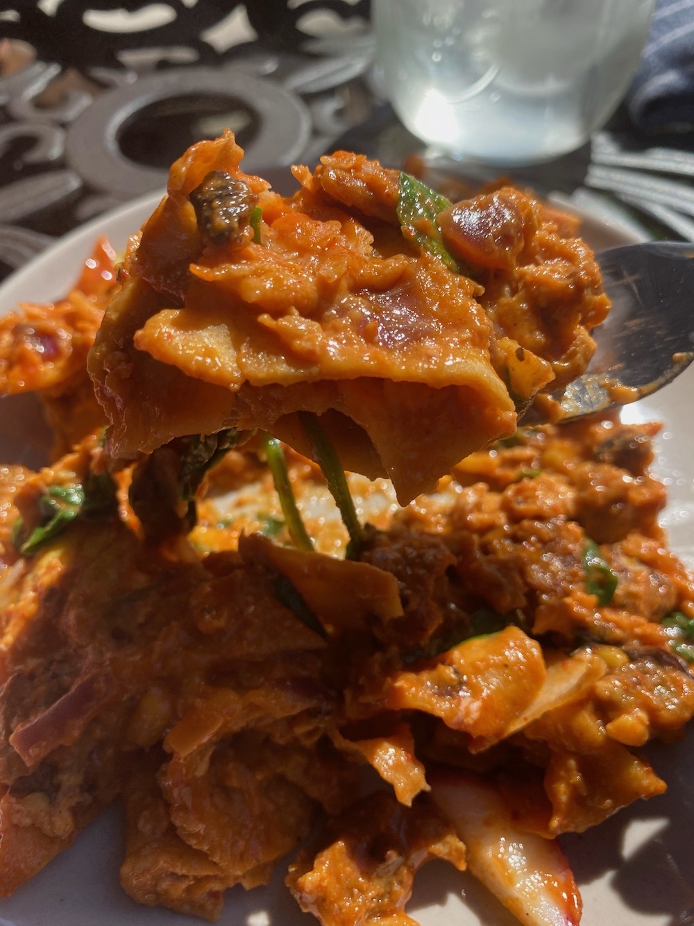 And the non-dairy vegetarian chilaquiles are ready!