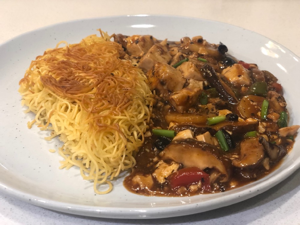 Vegetarian Mapo Tofu with pan fried noodles